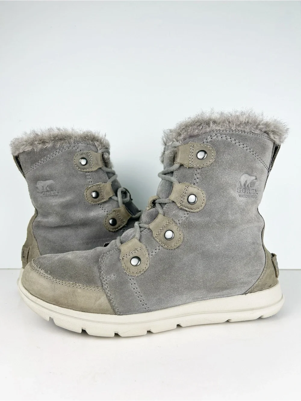 Sorel Explorer Joan Quarry Gray Suede Leather Lace Up Waterproof Ankle Boot